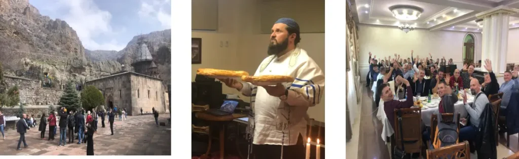 Afbeelding van Armenie oud kasteel, joodse man met brood in zijn hand en groep mensen die eten samen en naar de camera kijken. 