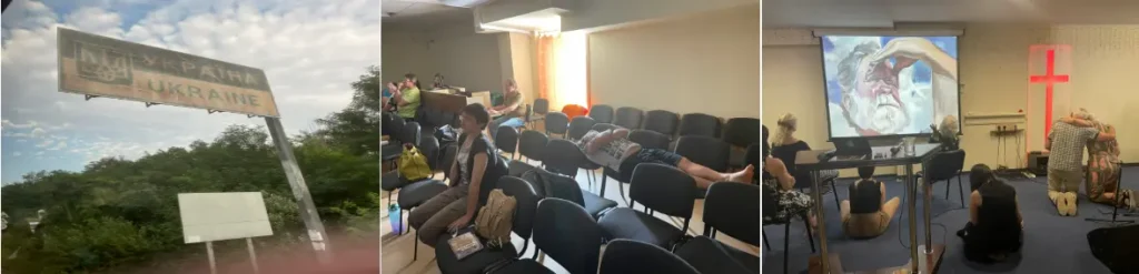 Bord met Oekraine erop , foto met samenkomstzaal, foto met samenkostzaal richting podium met afbeeldling van de wachtende Vader